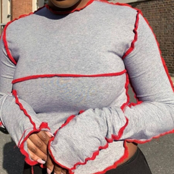 Tops - NWOT Gray top with red stitching